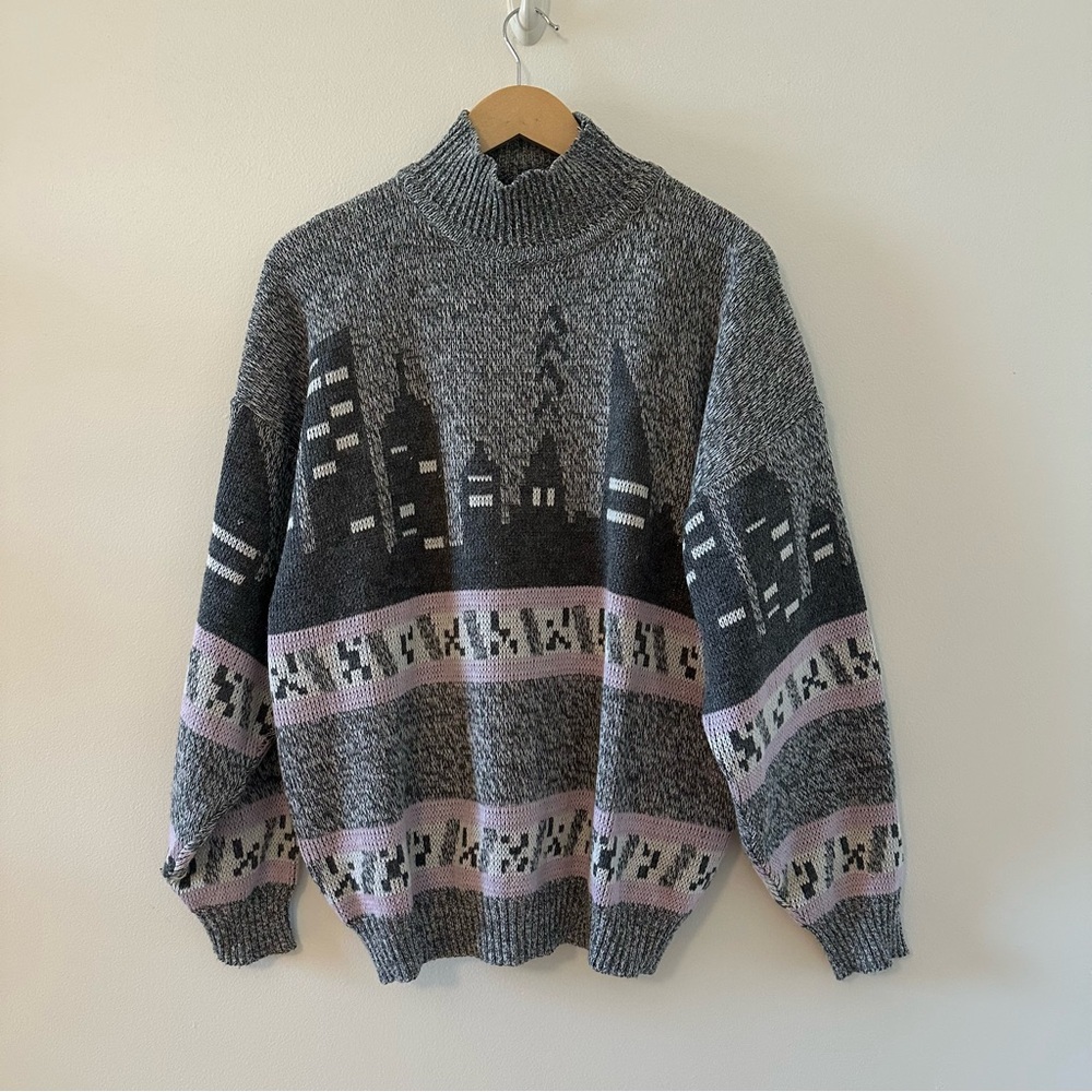 Vintage Gray and Pink Cityscape Turtleneck Sweater